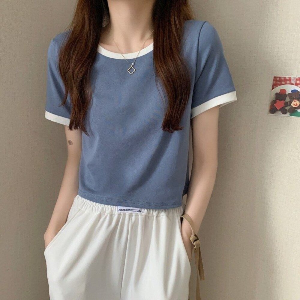 Blue and White Contrasting Ringer Style Crewneck T-Shirt Crop Top Womens Medium